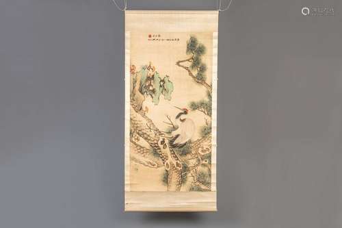 A Chinese silk scroll painting with a crane among