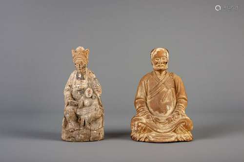 Two Chinese carved wood figures with traces of