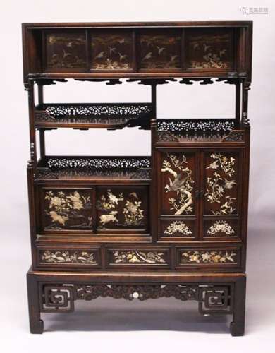 A GOOD JAPANESE MEIJI PERIOD HARDWOOD & SHIBAYAMA INLAID CABINET / SHODANA, with eleven combined