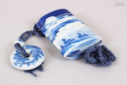 A GOOD JAPANESE MEIJI PERIOD BLUE & WHITE HIRADO PORCELAIN FOUR CASE INRO & NETSUKE, the four case