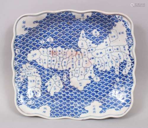 A GOOD EDO PERIOD JAPANESE ARITA BLUE & WHITE PORCELAIN DISH - MAP OF JAPAN, the rectangular plate