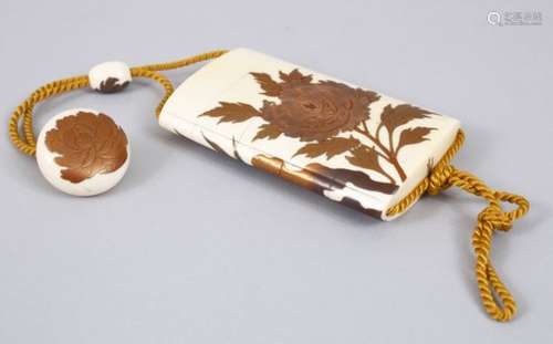 A VERY FINE JAPANESE MEIJI PERIOD CARVED IVORY & GOLD LACQUER FOUR CASE INRO & MANJU NETSUKE, the