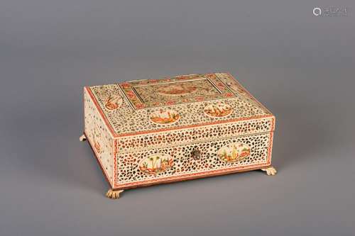 An open worked ivory box with Eastern landscapes,