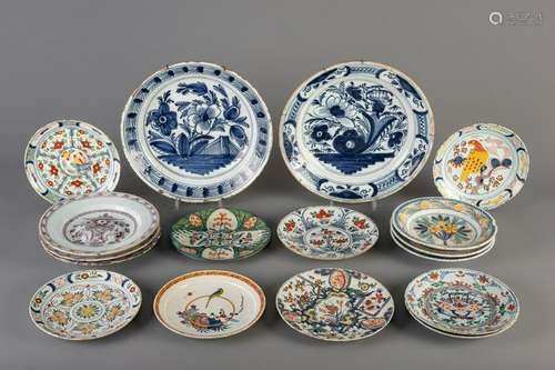 Seventeen Dutch Delft blue and white, manganese and