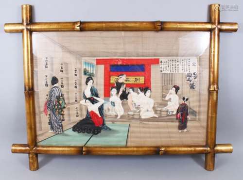 A VERY GOOD JAPANESE MEIJI PERIOD HAND PAINTED SILK PICTURE OF AN EROTIC SCENE, the lovely carved