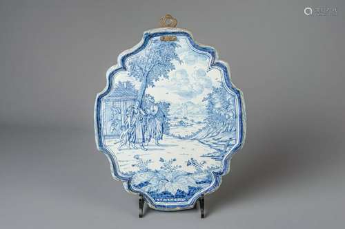 A large Dutch Delft blue and white biblical plaque,