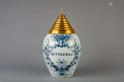 A Dutch Delft blue and white 'Duinkerke' tobacco jar