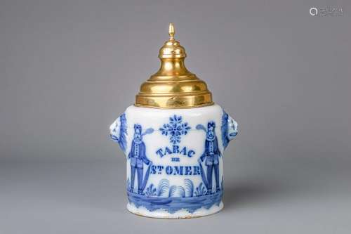 A Brussels brass covered blue and white faience tobacco