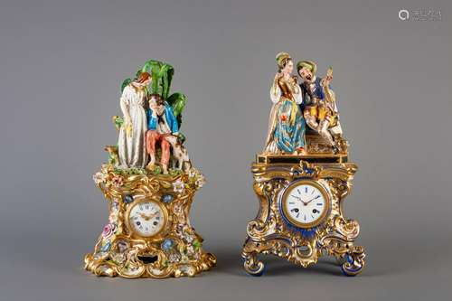 Two two-part old Paris porcelain figural mantel clocks,