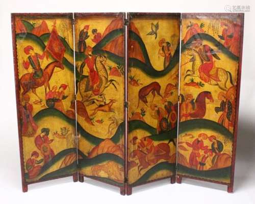 A LATE 19TH / 20TH CENTURY ASIAN OIL ON CANVAS FOUR FOLD SCREEN - HUNTING SCENE, the screen