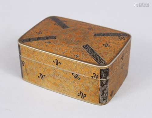 A GOOD JAPANESE MEIJI PERIOD BRONZE & MIXED METAL LIDDED BOX, decorated with geometric borders