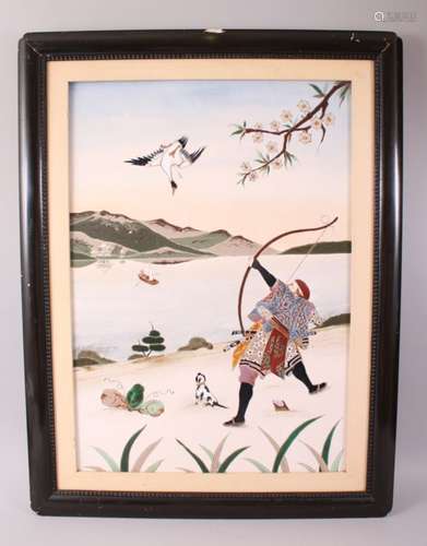 A GOOD JAPANESE MEIJI PERIOD FRAMED ENAMEL PANEL, depicting scenes of an archer and his dog shooting