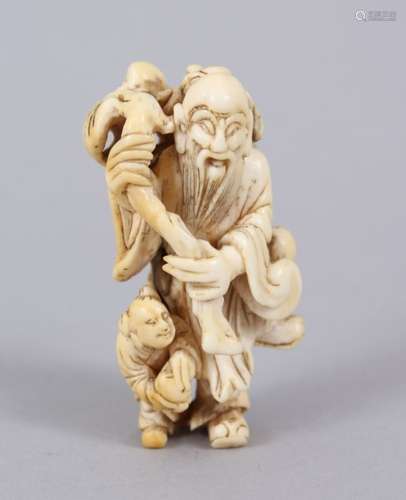 A GOOD JAPANESE MEIJI PERIOD CARVED IVORY NETSUKE OF A MAN WITH PEACH, stood with his branch bearing