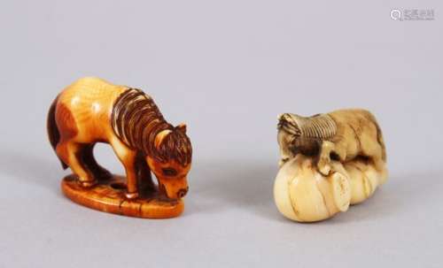 TWO GOOD JAPANESE MEIJI PERIOD CARVED IVORY NETSUKES OF HORSES, one of a horse stood upon a double