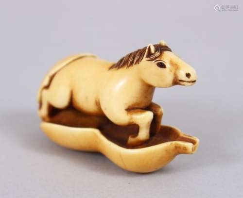 A JAPANESE EDO PERIOD CARVED IVORY NETSUKE OF A HOURSE & DOUBLE GOURD, the horse emerging from the