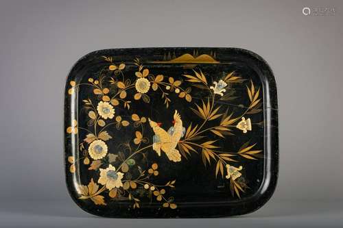 A Japonisme lacquered metal tray with mother-of-pearl,