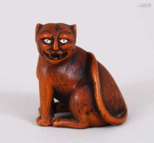 A LOVELY JAPANESE MEIJI PERIOD CARVED BOX WOOD / WOOD NETSUKE OF A SEATED CAT, the cat in a seated