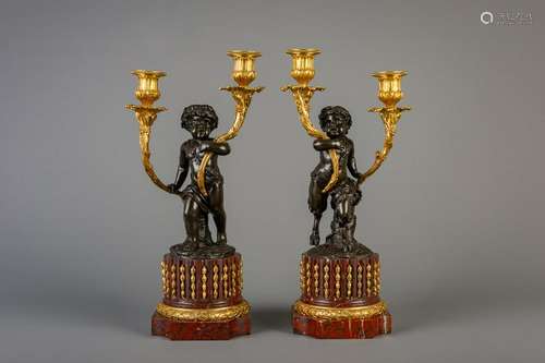 A pair of gilt bronze mounted Rouge griotte marble two