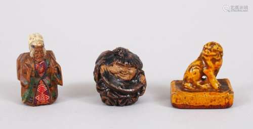 THREE LOVELY JAPANESE MEIJI PERIOD CARVED CERAMIC & WOOD NETSUKE'S, the first is a ceramic yellow