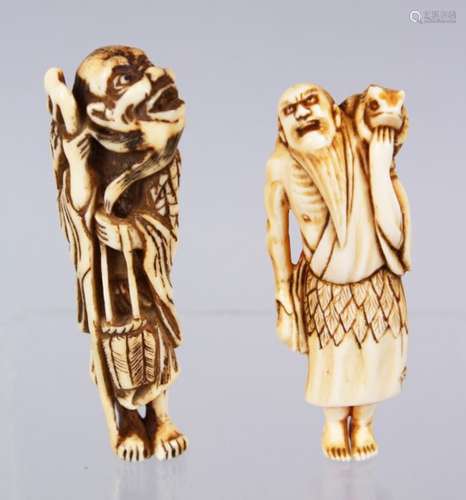 TWO LOVELY JAPANESE EDO / MEIJI PERIOD CARVED IVORY / ANTLER NETSUKE'S OF SENNIN'S, The first a