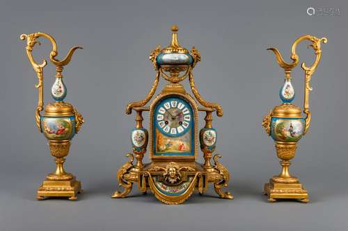 A three-piece gilt metal mounted and Sèvres style clock