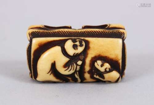 A LOVELY JAPANESE EDO PERIOD CARVED STAG ANTLER NETSUKE OF BLIND MAN & DOG, the netsuke in the