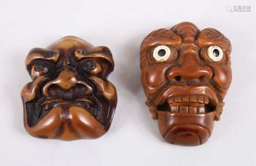 TWO LOVELY JAPANESE MEIJI PERIOD CARVED ANTLER / BONE MASK NETSUKE'S OF COROZO, The first and larger