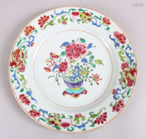 A GOOD 18TH CENTURY CHINESE FAMILLE ROSE PORCELAIN PLATE, decorated with scenes floral display, 22.