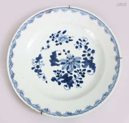 A GOOD 18TH CENTURY CHINESE BLUE & WHITE PORCELAIN PLATE, decorated with floral scenes, mounted with