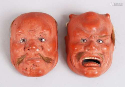 TWO JAPANESE MEIJI / TAISHO PERIOD CARVED & LACQUERED MINATURE NOH MASKS, detailed with inlaid