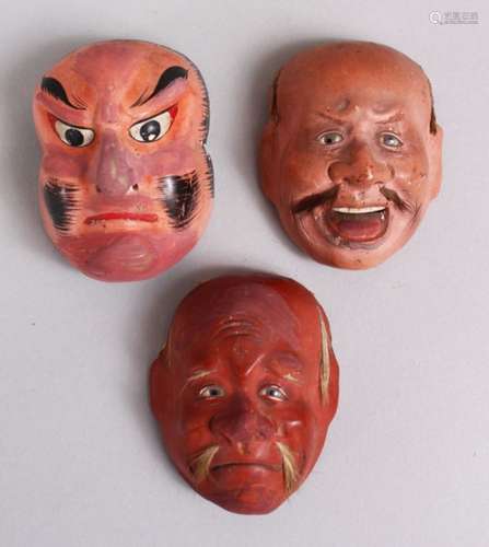 THREE JAPANESE MEIJI PERIOD PAPER MACHE / LACQUER NOH MASKS, two mass with inlaid eyes, the other