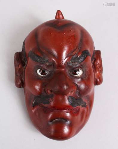 A LARGER JAPANESE MEIJI PERIOD PAPER MACHE / LACQUER NOH MASK, With inlaid eyes and painted