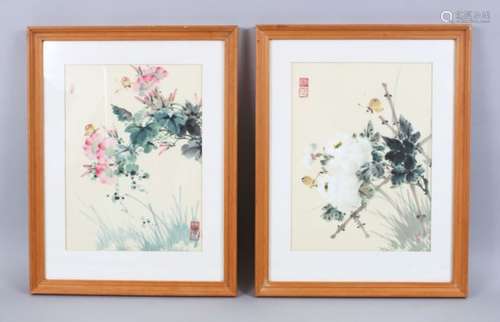 A PAIR OF 20TH CENTURY CHINESE HAND PAINTED PICTURES OF BUTTERFLIES, both framed, depicting