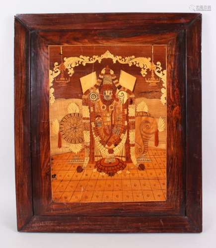 AN ORIENTAL / INDIAN HARDWOOD INLAID SPECIMEN PANEL OF A BUDDHA, the solid hardwood panel framed and