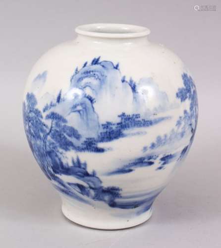 A GOOD JAPANESE MEIJI PERIOD BLUE & WHITE GLOBULAR PORCELAIN VASE, the body decorated with scenes of