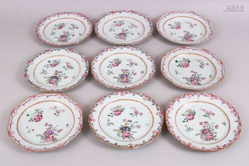 A GOOD SET OF NINE 18TH CENTURY QIANLONG CHINESE FAMILLE ROSE PLATES, decorated with floral