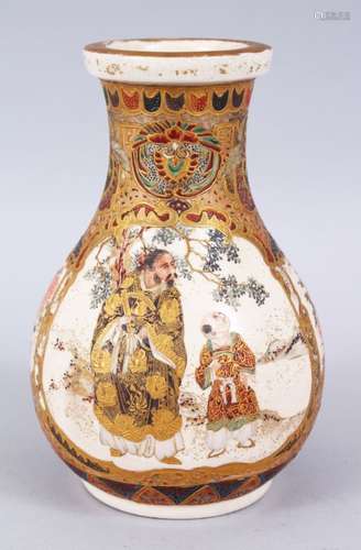 A JAPANESE MEIJI PERIOD SATSUMA BOTTLE SHAPED VASE, depicting panel decoration of superior figures