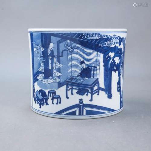 A BLUE AND WHITE 'FIGURAL' BRUSH POT