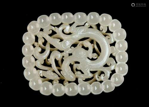 CHINESE ANTIQUE RETICULATED WHITE JADE DRAGON PLAQUE