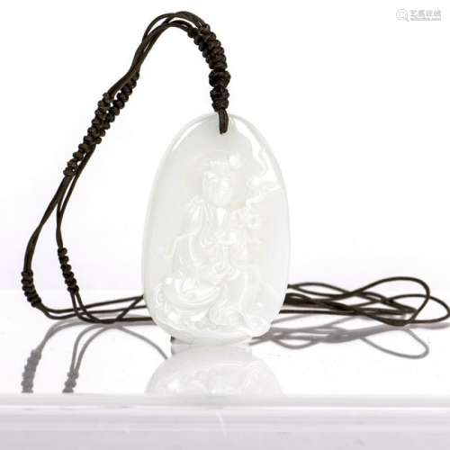 A HE TIAN WHITE JADE PENDANT CARVED WITH GUANYIN