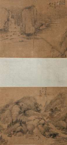 A CHINESE SCROLL PAINTING OF LANDSCAPE MOTIF