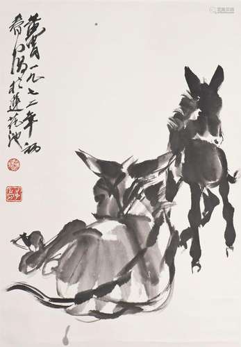 A CHINESE SCROLL PAINTING OF HORSES