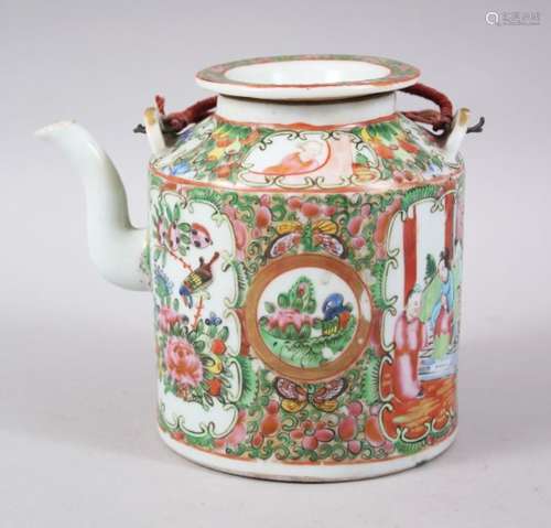 A 19TH CENTURY CHINESE CANTON FAMILLE ROSE PORCELAIN TEAPOT & COVER, decorated with various panels