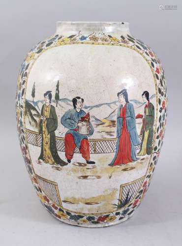 A GOOD JAPANESE MEIJI PERIOD CERAMIC / EARTHENWARE VASE, body decorated with panels of birds amongst