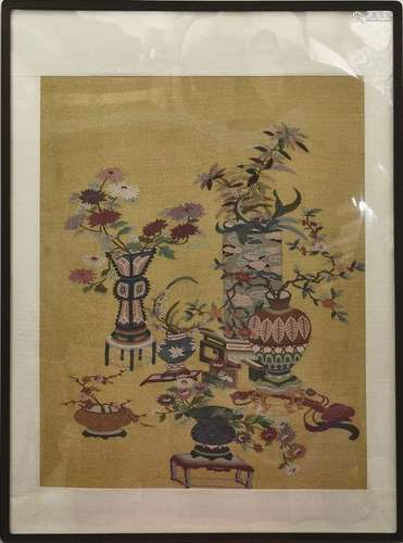 A FRAMED FLOWER MOTIF KESI EMBROIDERY