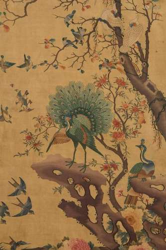 A CHINESE EMBROIDERED SILK OF BIRDS