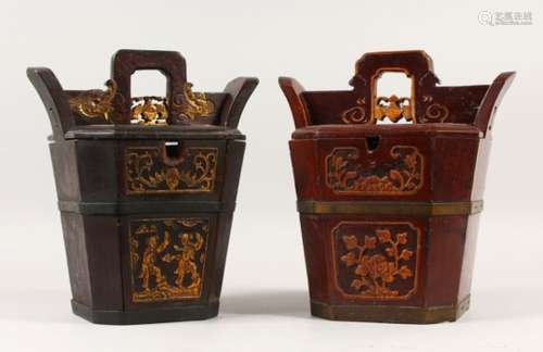 A GOOD PAIR OF 18TH / 19TH CENTURY CHINESE WOODEN LIDDED CANISTERS, decorated with gilt