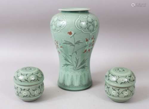 THREE 20TH CENTURY KOREAN CELADON PORCELAIN TEA SET, the body decorated with formal floral