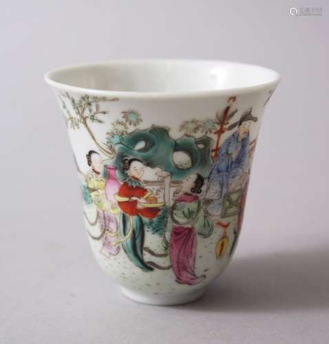 A GOOD CHINESE FAMILLE ROSE PORCELAIN WINE CUP WITH JIAQING MARK AND POSSIBLY OF THE PERIOD,