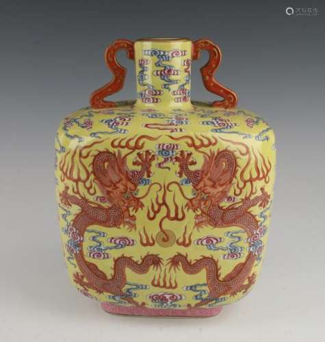 SQUARE FORM YELLOW DRAGON VASE